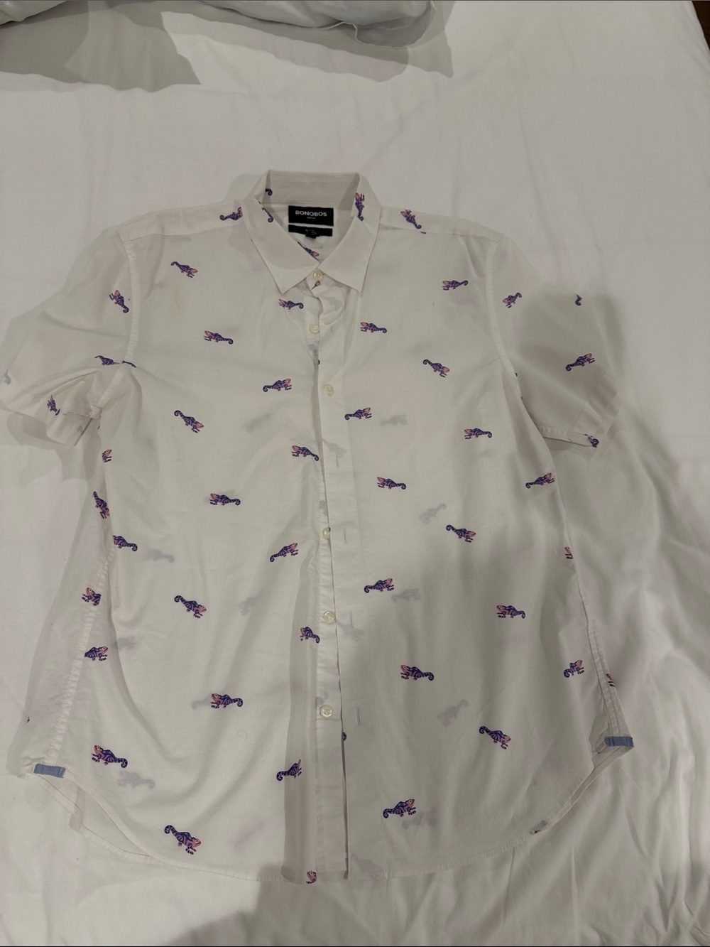 Bonobos White Short-Sleeve Button-Down Shirt with Purple Print